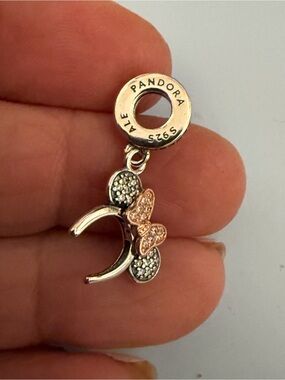 Pandora Silver Minnie Mouse Dangle Charm with Pink Rose Gold Bow